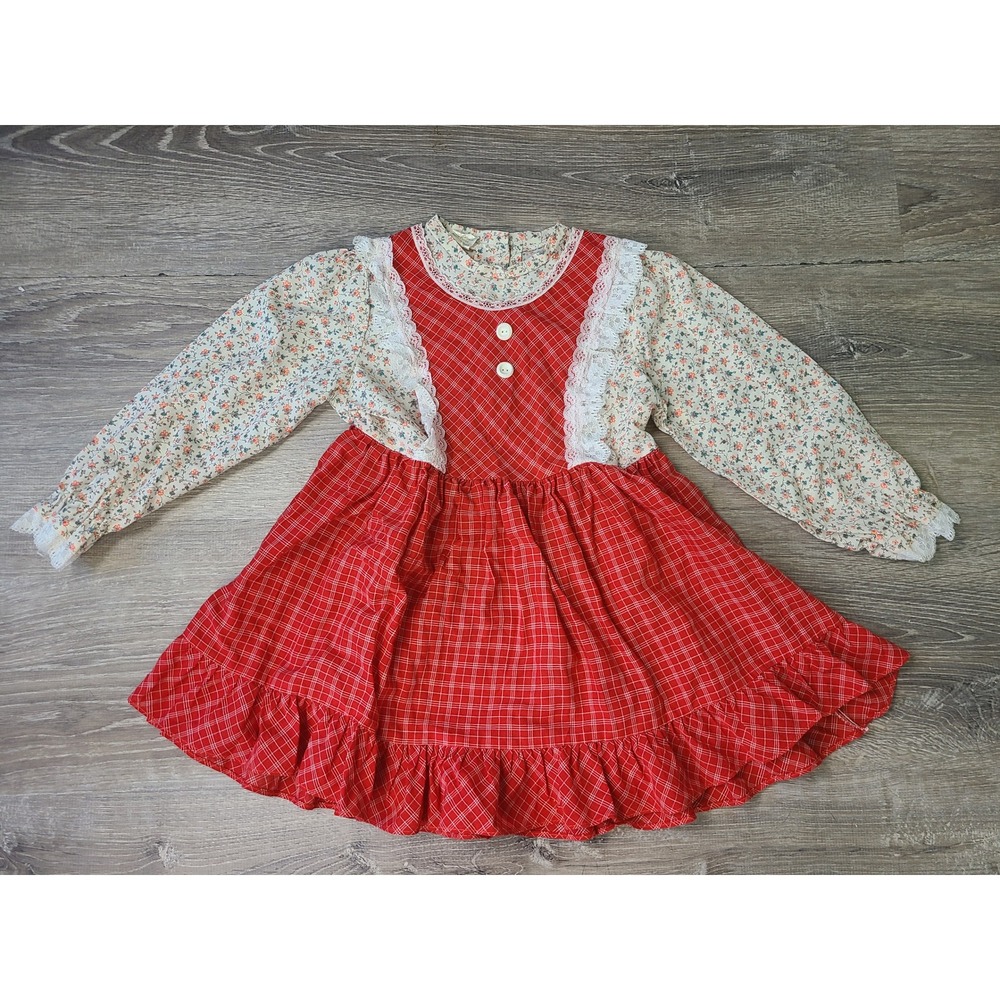 VTG 70s Solos Girl's 5‎ Prairie Pinafore Dress Lacy Retro Cowgirl Cottagecore